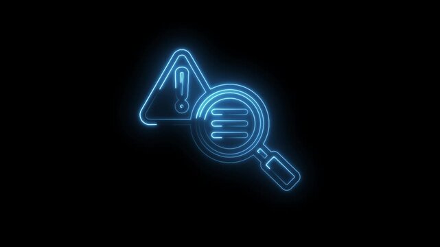 Glowing blue neon abstract magnifying glass examining warning sign with exclamation mark on icon