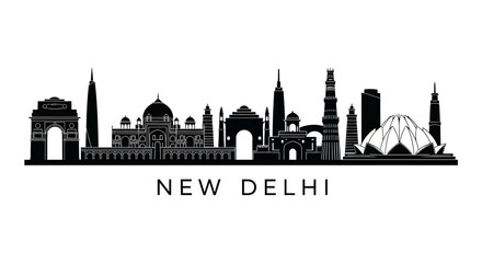 Fototapeta premium New Delhi Skyline Silhouette - Famous India Landmarks
