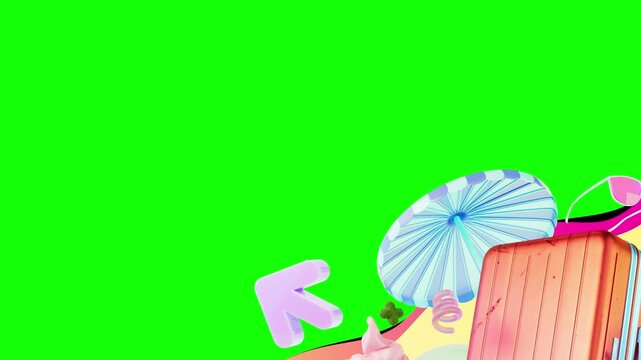 Travel luggage and beach umbrella appear on a vibrant green screen background.