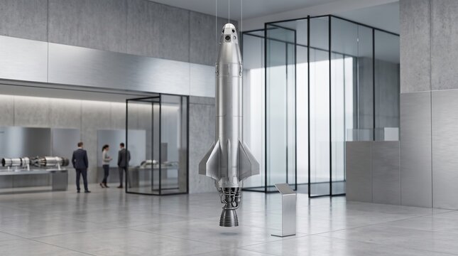 A large silver rocket stands vertically in a modern office lobby with glass walls and people walking.