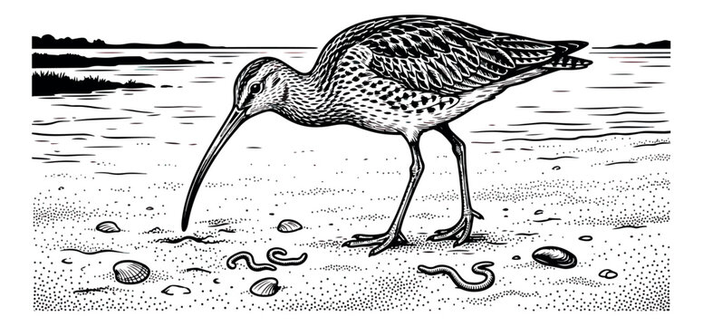 Vintage woodcut snipe bird illustration, antique style shorebird feeding on beach, black and white sandpiper vector engraving
