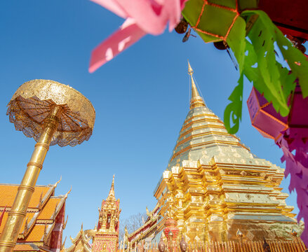 
Golden Pagoda of Wat Phra That Doi Suthep, Famous Buddhist Temple Landmark in Chiang Mai Thailand