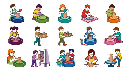 Fototapeta premium Children Learning Pottery Making on Wheel, Flat Vector Art