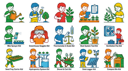 Fototapeta premium Educational Agriculture and Gardening Kids Vector Illustrations Set - Modern Farming and Horticulture Tools in Flat Style