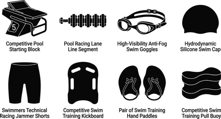 Competitive Swimming Pool Equipment and Training Gear Icon Set with Starting Block Goggles Cap Jammers and Kickboard © Rimu