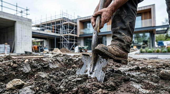 Construction worker digging a trench at a modern residential building site
