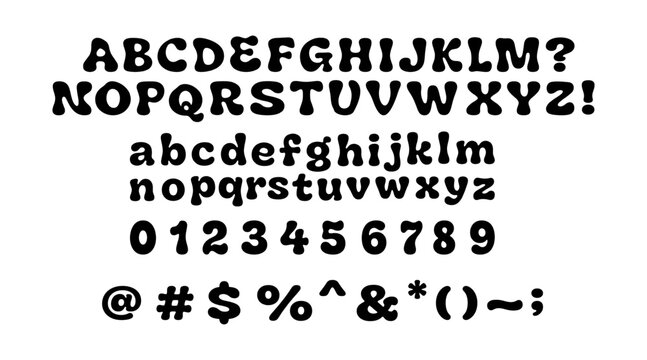 Hand-drawn bold groovy alphabet set with uppercase, lowercase letters, numbers and symbols in retro bubble lettering style, vector illustration for summer drinks menu and packaging design.