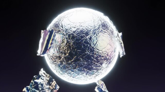 Abstract metallic sphere with transforming holographic foil wrapping in motion. Dynamic 3D animation showcasing light reflection and evolving textures on an isolated background for modern creative vis