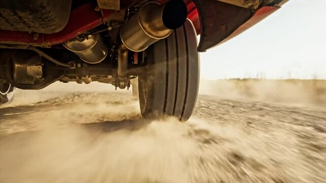 Low angle shot of a red car tire spinning on a dirt road, kicking up dust in slow motion