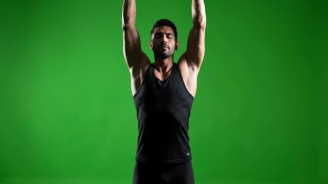 Athletic man practicing yoga and meditation, performing deliberate arm movements isolated on chroma key green screen background for easy post production compositing and digital effects.