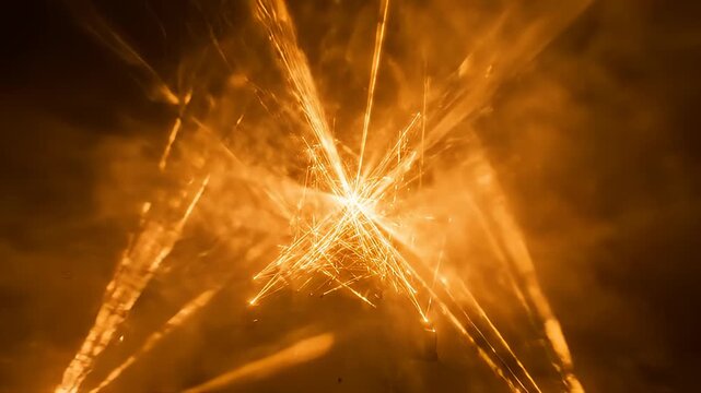 Dynamic amber laser light show with swirling smoke patterns in dark environment.