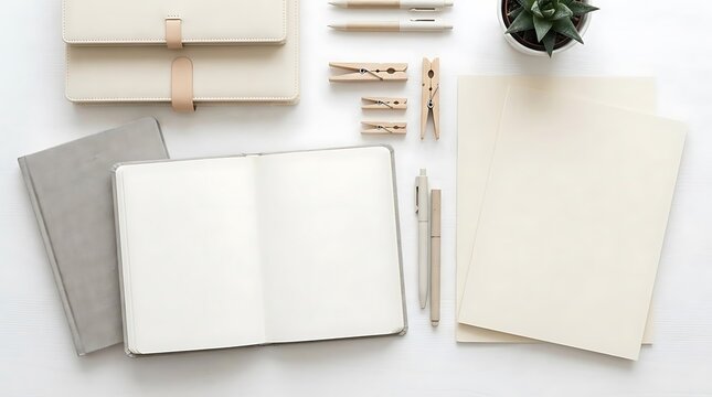 Flat lay of notebook pens and office supplies for planning and organization