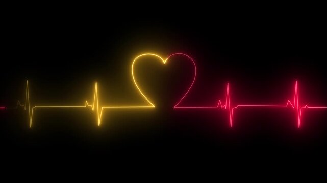 Neon heartbeat ekg pulse line animation: glowing medical health and love concept background