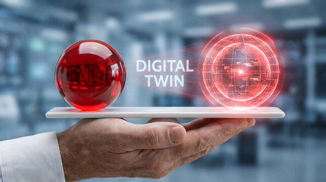 Hand holding a tablet presenting a digital twin system preview banner backdrop