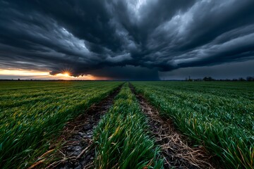 Fototapeta premium Gewaltige Gewitterfront über landwirtschaftlichem Feld mit dramatischem Himmel