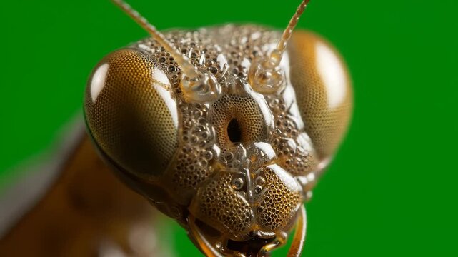 Extreme Macro Portrait of Praying Mantis Head isolated on green background.