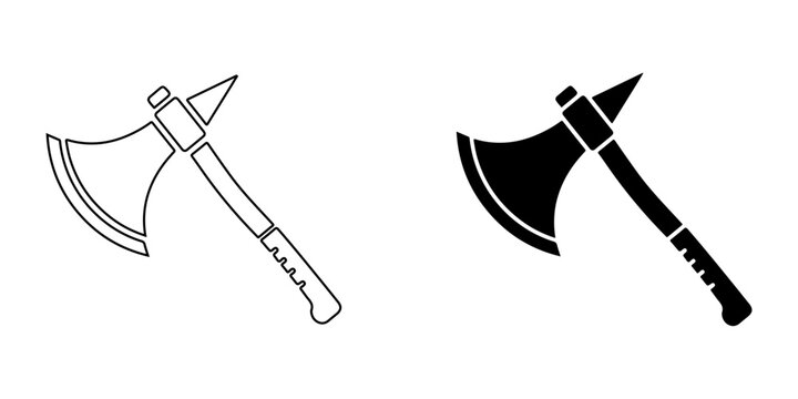 Two different battle axes with handles and blades in black and white illustrations  combat weapons