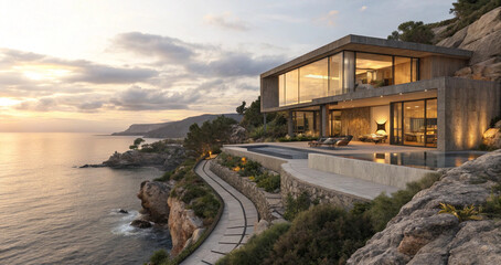 Fototapeta premium Modern coastal mansion architecture with a paved stone path and scenic panoramic glass facade