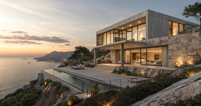 Modern geometric concrete luxury house with a large infinity pool on a steep hill.  Contemporary minimalist villa with panoramic glass walls overlooking the ocean coast