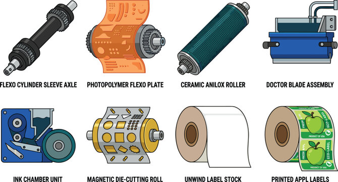 Flexographic Printing Press Parts and Label Production Equipment Vector Icon Set for Commercial Packaging, Flexo Machinery, and Manufacturing