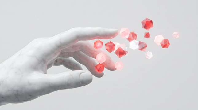 Symmetrical composition of an open hand collecting red crypto data cubes 3D illustration