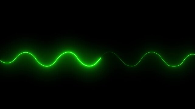 Glowing green neon sine wave animation, abstract digital audio frequency signal, science technology background, seamless loop