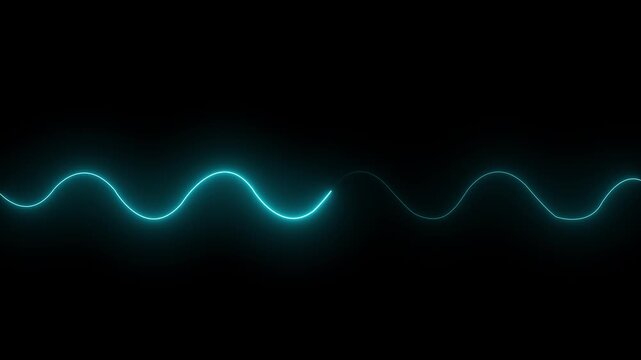 Neon blue sine wave pulse abstract background, glowing digital audio frequency signal, smooth oscillating light line animation on black