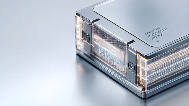 Futuristic next-gen solid-state battery cell with glowing internal energy storage layers for electric vehicle technology