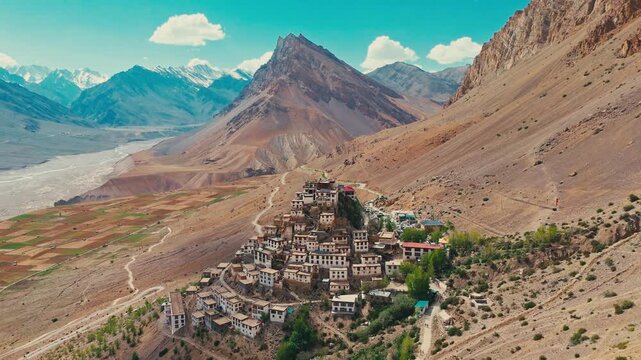 aerial drone footage of Key Monastery, the largest and most iconic Tibetan Buddhist monastery in Spiti Valley, Himachal Pradesh, India.