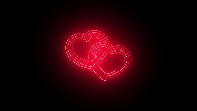 Glowing neon interlocking hearts animation on black background, for romantic valentine&rsquo;s, day and wedding, celebration themes