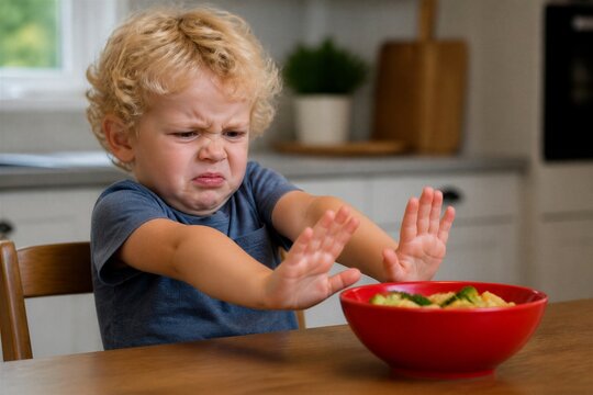 Curly-haired toddler resists food with hands up. Frowny face shows clear refusal to eat. Red bowl sits on wooden table. Kitchen background softly blurred. Child's gesture conveys stubbornness