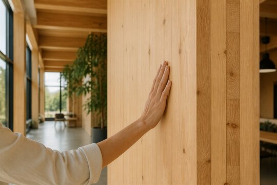 Hand gently touches warm wooden panel. Natural light fills open, airy interior. Person appears calm, curious, or contemplative. Modern design blends wood and glass elements