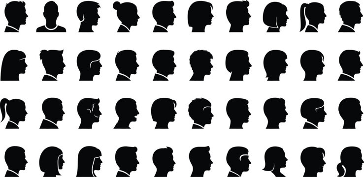 Silhouette profile heads of men and women, side view faces, people avatar vector illustration, black head icons, human character design
