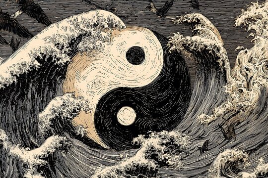 Yin and Yang Symbol Merged with Ocean Waves and Birds in a Vintage Engraving Style