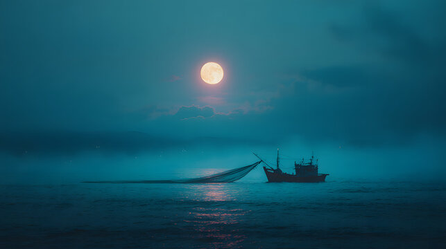 A solitary fishing boat casts its net under the glow of a full moon on a tranquil dark blue sea at night.