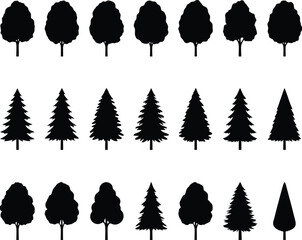 Collection of black silhouette deciduous and coniferous trees  © MDRAJU