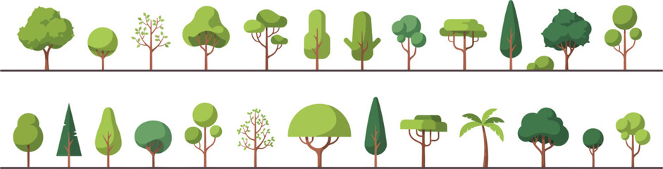 Collection of stylized green trees with brown trunks in flat nature © MDRAJU