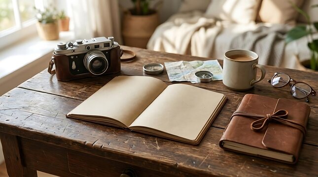 Vintage camera open notebook and coffee on wooden table