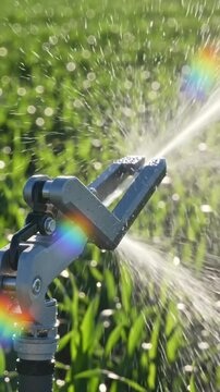 Agricultural water sprinkler spraying water with cinematic rainbow lens flare in a lush green crop field, cinematic video