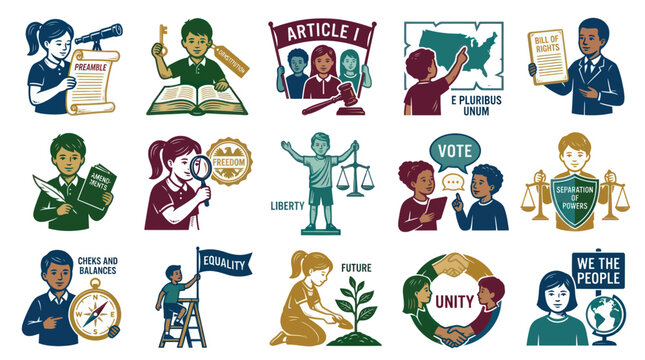 Retro Cartoon Vector Illustrations: Civics, Government, and Constitutional Rights Education for Children