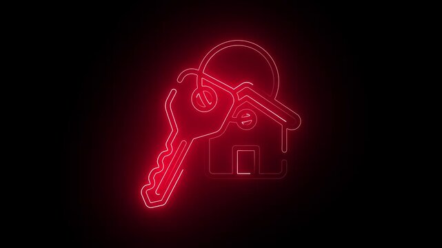 Red neon house key animation for real estate and property marketing light glowing