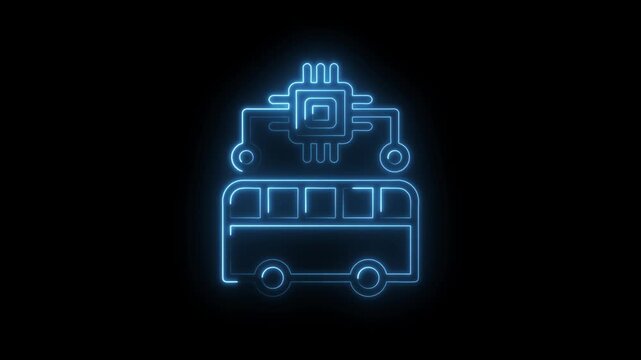 Futuristic autonomous bus icon with integrated microchip and circuit board connections glowing