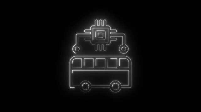 Neon outline of a bus connected to a central processing unit chip representing smart... icon