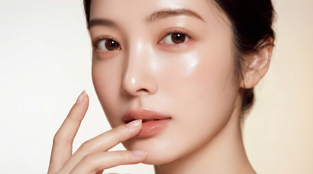 濡れたようなツヤ肌が美しい日本人女性の指先を添えたビューティーフォト