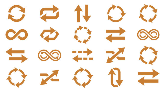 Professional set of orange arrow icons for business cycles and directional movement with infinity business movement