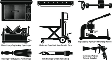 Industrial Paper Post Press Finishing Equipment Icon Set with Corner Rounding Machine Lift Truck Drill Bit and Jogger Icons © Rimu
