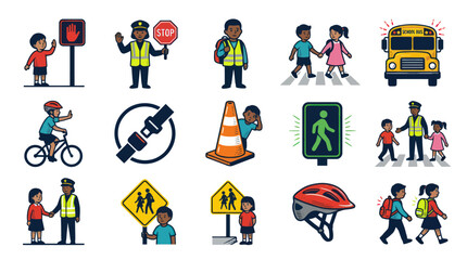 Fototapeta premium Children Road Safety Cartoon Vector Icons: Kids, Crossing Guard, School Bus, and Traffic Signs Set