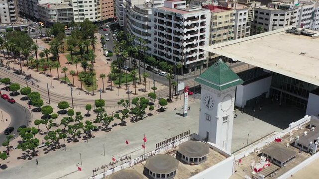 Drone aerial view of Casa Voyageurs Railway Station in Casablanca, showcasing Morocco's modern transportation hub, contemporary architecture, and vibrant urban landscape in the country's economic capi