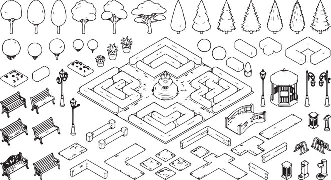 Isometric park elements set with benches trees paths and fountain for urban landscape design vector illustration