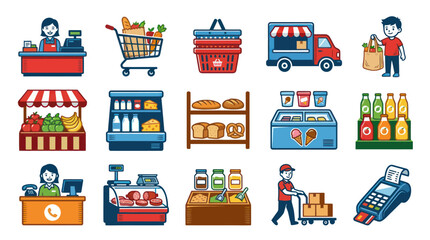 Naklejka premium Flat Icons Set for Grocery Store, Supermarket, Retail, Delivery, Food